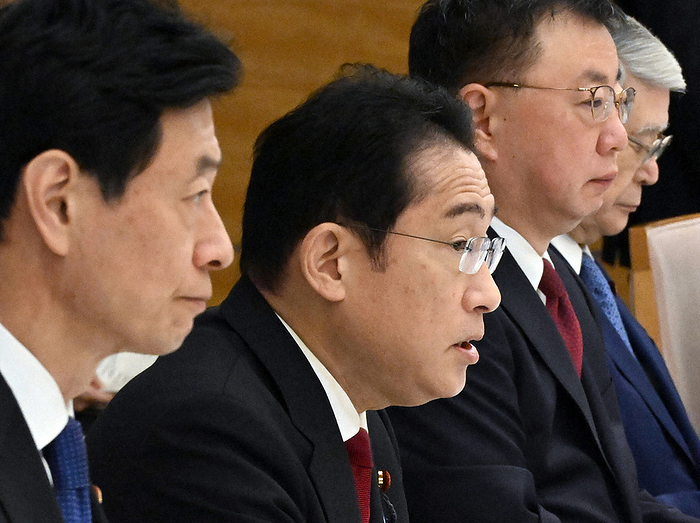 Ministerial Conference on Renewable Energy, Hydrogen, etc. Prime Minister Fumio Kishida  second from left  speaks at the Ministerial Conference on Renewable Energy, Hydrogen, and Other Related Matters. At far left is Yasutoshi Nishimura, Minister of Economy, Trade and Industry.