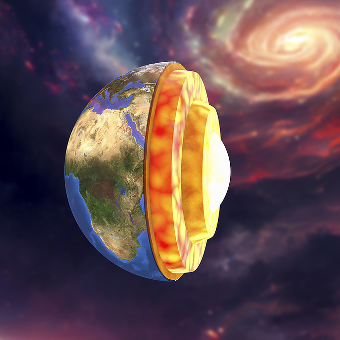 Earth s internal structure, illustration Internal structure of the Earth, cutaway computer illustration. From the centre outwards, the four layers shown in the image are: inner core, outer core, mantle, and crust., by KATERYNA KON SCIENCE PHOTO LIBRARY