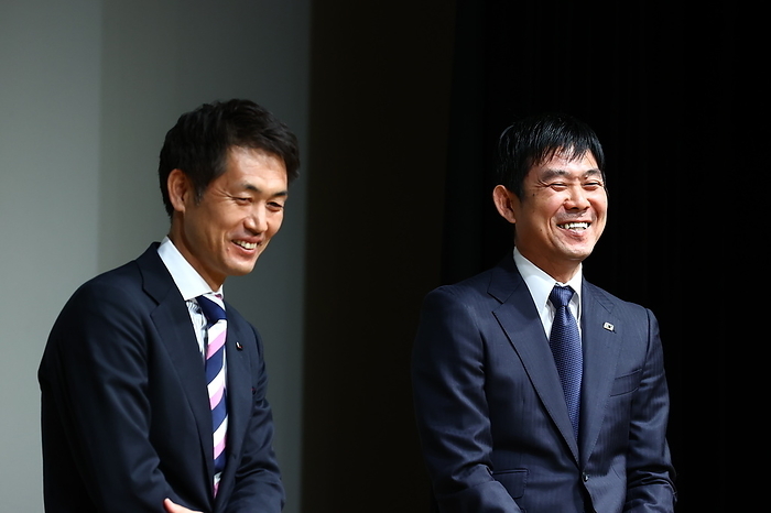 The Japan Football Museum closing event Futoshi Ikeda  L  and Hajime Moriyasu attend an event at Japan Football Museum in Tokyo, Japan, February 26, 2023. The Japan Football Museum temporarily closed its doors on Sunday.  Photo by JFA AFLO 