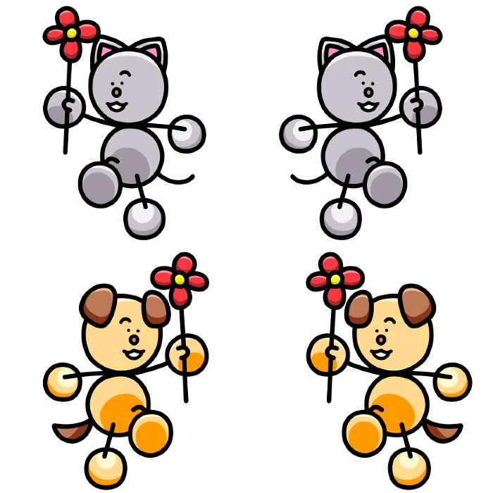 Illustration set of dog and cat skipping with flowers dog cat
