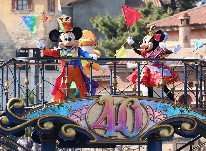 Soon to be Tokyo Disney Resort s 40th anniversary, a water based meet and greet will be open to the public at DisneySea. April 10, 2023, Urayasu, Japan   Disney characters Mickey and Minnie Mouse greet guests from a boat during a press preview of the new harbor greeting  Let s Celebrate with Color  to celebrate the 40th anniversary of the Tokyo Disney Resort at the Tokyo DisneySea in Urayasu, suburban Tokyo on Monday, April 10, 2023. The new parade and some new attractions to celebrate the Disney theme park s 40th anniversary will start from April 15.     photo by Yoshio Tsunoda AFLO  