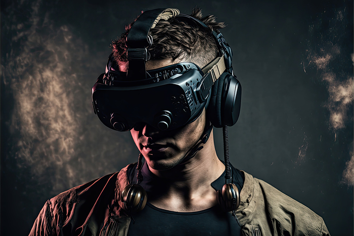 Studio shot of a man wearing a VR device