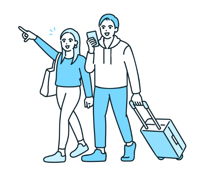 A couple going on a trip. Man pulling a suitcase. Clip art of a friendly couple.
