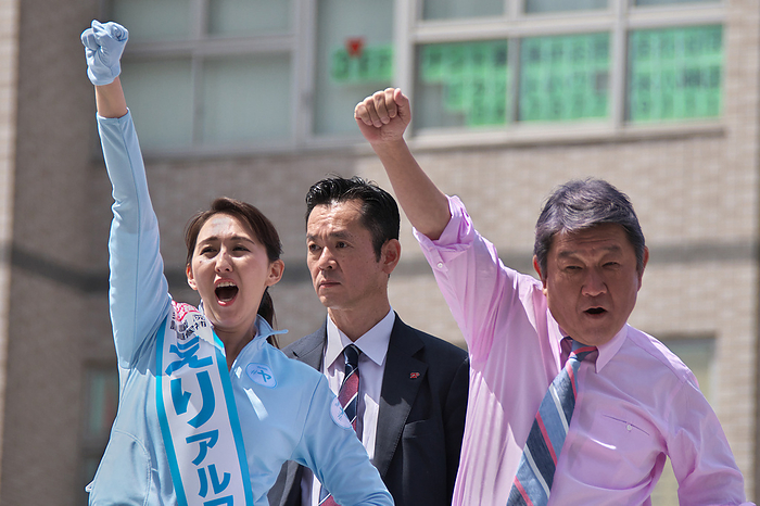 House of representatives and councilors bye election kick off in Japan Secretary General of Liberal Democratic Party, Toshimitsy Motegi and candidate of Liberal Democratic Party, Eri Arfiya shout slogans during the campaign for House of Representatives by election in Chiba Prefecture, Japan on April 11, 2023.