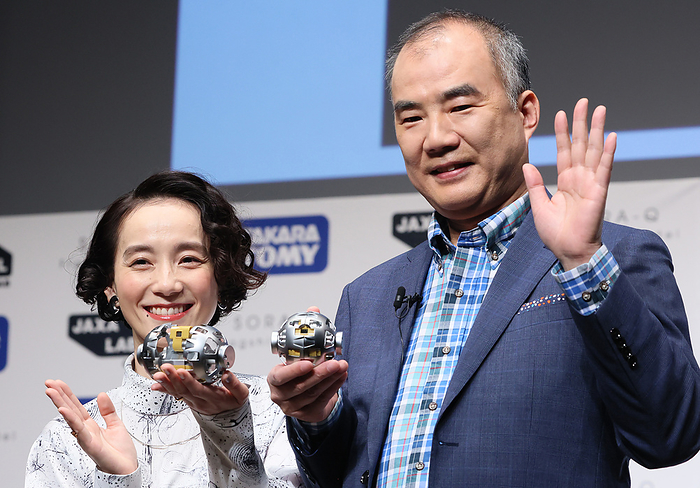TOMY and JAXA Announces Transformable Lunar Robot  SORA Q April 13, 2023, Tokyo, Japan   Former Japanese astronaut Soichi Noguchi  R  and artist Tomoe Shinohara  L  display  Sora Q Flagship Model  produced by Japanese toy maker Tomy, real scale sized toy of a transformed moon probe  Sora Q  at a presentation in Tokyo on Thursday, April 13, 2023. Japan Aerospace Exploration Agency  JAXA , Sony, Doshisha University and Tomy developed the baseball sized moon probe  Sora Q  which will be prove surface of the moon and transmit pictures to the earth.      photo by Yoshio Tsunoda AFLO  