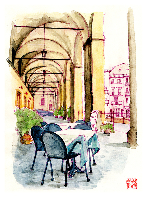 Café in the cloister of the old town of Arezzo, Italy