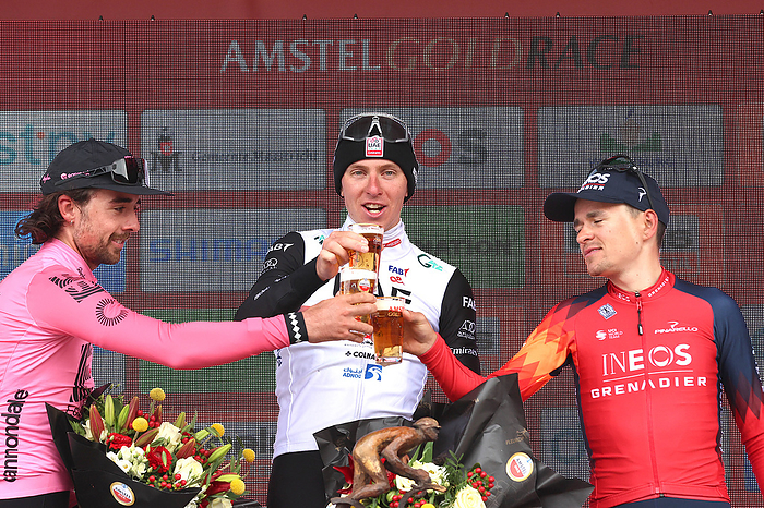 2023 Amstel Gold Race Valkenburg, 16 04 2023, cycling, Amstel Gold Race, men, Tadej Pogacar, winner of the Amstel Gold Race Padej Pogacar and 2nd place Ben Healy and 3rd place Thomas Pidkock 