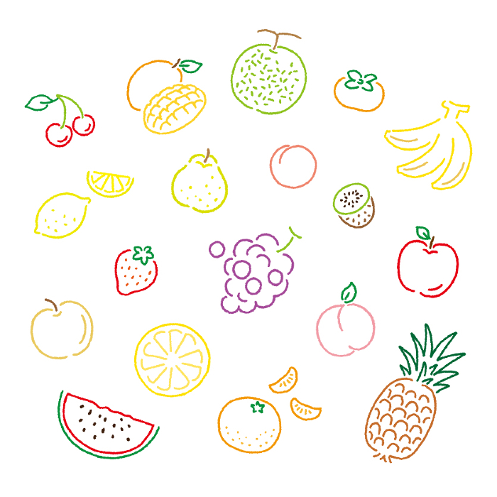 set of illustrations of simple colorful line drawings of fruits