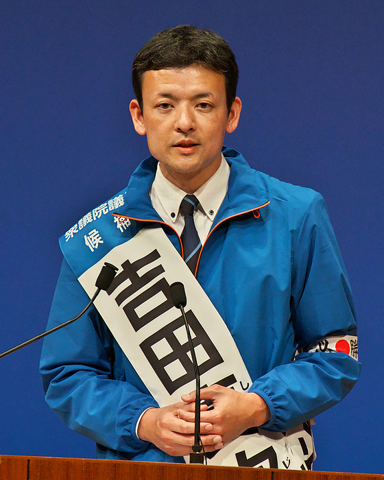 House of representatives and councilors bye election Candidate of Liberal Democratic Party, Shinji Yoshida delivers speech during the campaign for House of Representatives bye election in Shimonoseki, Yamaguchi Prefecture, Japan on April 14, 2023.