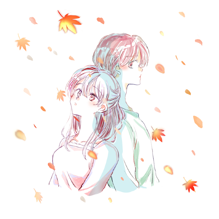 Lonely man and woman back to back, one-sided love, autumn leaves