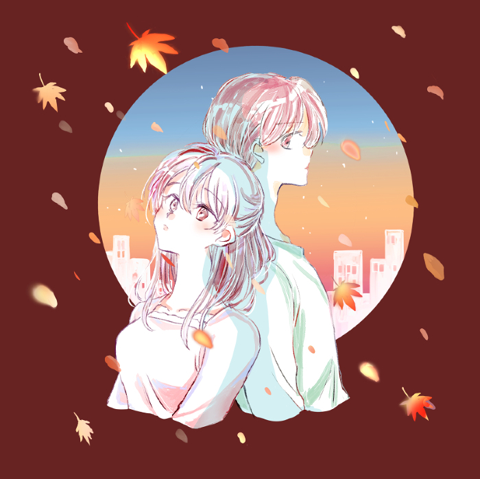 Lonely man and woman back to back, one-sided love, autumn leaves, sunset