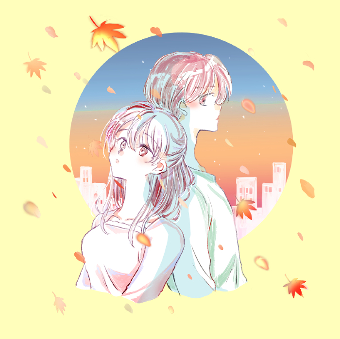 Lonely man and woman back to back, one-sided love, autumn leaves, sunset