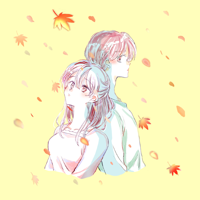 Lonely man and woman back to back, one-sided love, autumn leaves