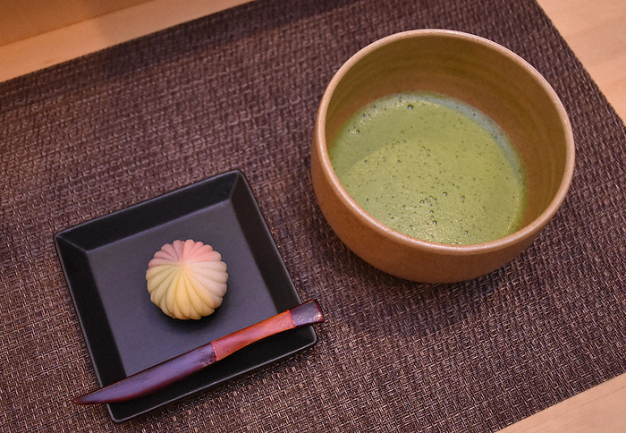 At the end of the experience, we were served  Temari,  a signature product made by Hiroya Nakagawa, and matcha green tea. At the end of the experience, visitors were served Temari, a signature product made by Hiroya Nakagawa, and matcha green tea, in Honmachi, Himeji, April 7, 2023, 11:27 a.m. Photo by Chinatsu Ide.