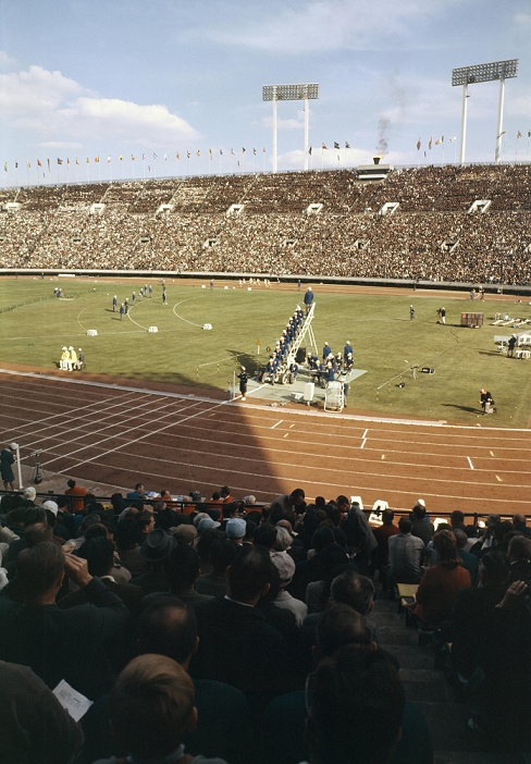 1964 Tokyo Olympics, Athletics General view, OCTOBER 19, 1964   Athletics : Tokyo Olympics. The 1964 Tokyo Olympics began on October 10, 1964. The first Olympic Games in Japan, and the first in Asia, attracted a great deal of public interest, and the main venue, the National Stadium in Yoyogi, Tokyo, was filled with more than 50,000 spectators every day. The crowd applauded the athletes from all over the world who participated in various athletic events.