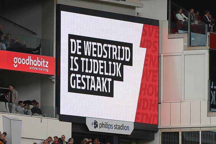 Netherlands: PSV vs Ajax EINDHOVEN, 23 04 2023, Philips Stadion, Stadium of PSV. Dutch Eredivisie season 2022 2023. PSV   Ajax 3 0. Game is being postponed for 10 minutes