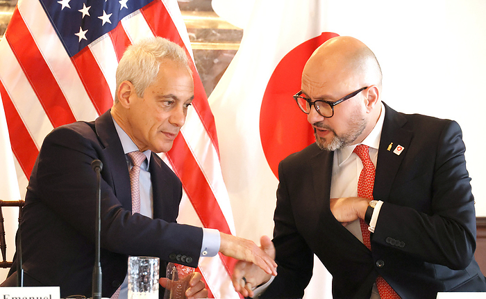 US government will participate in the 2025 World Expo in Osaka April 25, 2023, Tokyo, Japan   US ambassador to Japan Rahm Emanuel  L  shakes hands with Costin Mandrea  R , Coca Cola Bottlers Japan chief commercial officer as Coca Cola will support to build the US pavilion for the 2025 World Expo in Osaka at the US ambassador s residence in Tokyo on Tuesday, April 25, 2023. Coca Cola became the first company to express its support for the United States at the 2025 World Expo in Osaka.      photo by Yoshio Tsunoda AFLO 