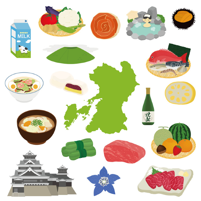 Illustration set of Kumamoto Prefecture's specialties