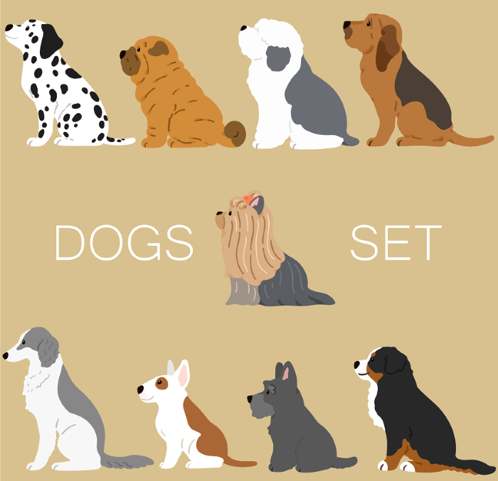 Clip art set of simple and cute dog sitting facing sidewaysF no main line