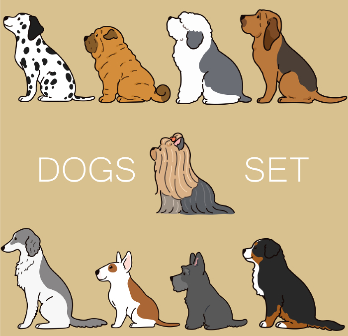 Clip art set of simple and cute dog sitting facing sidewaysF with main line