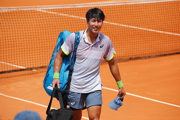 Tennis : Mutua Madrid Open 2023 singles round of 128 Yosuke Watanuki  JPN , APRIL 27, 2023   Tennis : Yosuke Watanuki pulls up to the players  waiting room with a smile after winning singles round of 128 match against Corentin Moutet on the ATP tour Masters 1000  Mutua Madrid Open tennis tournament  at the Caja Magica in Madrid, Spain. Kawamori AFLO 