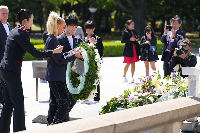 G7 Gymnastics Hiroshima offers flowers to the Cenotaph for the A bomb Victims  L R  Nastia Liukin, Nastia Liukin Kohei Uchimura, Members of  G 7 Gymnastics Hiroshima Members of  G 7 Gymnastics Hiroshima  visit Hiroshima Peace Memorial Museum and laying a wreath at the Cenotaph of Atomic Bomb Victims in Hiroshima, Japan on April 28, 2023. International Gymnastics Federation  FIG  President Morinari Watanabe has invited gymnasts from each of the G7 countries to visit Japan ahead of this year s sesquicentennial.  Photo by AFLO SPORT 