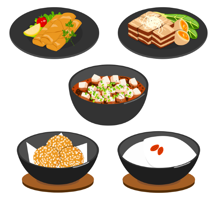 Vector illustration set of Chinese food, including Bean Curd Bean Curd, Stewed Pork, Sesame Dumplings, Almond Bean Curd, and Spring Rolls.