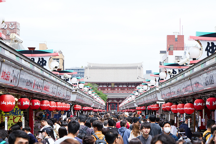 Spring vacation week in Japan Nakamise shopping street, an approach to the Sensoji temple is crwoded with tourists at Asakusa entertainment district, Tokyo in Japan on May 1, 2023.  Yohei Osada AFLO 