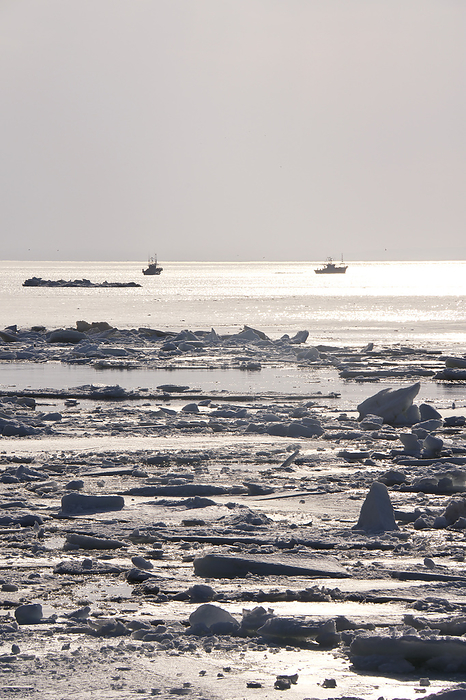 Morning drift ice and Pollack fishing boats Hokkaido Near Tateiwa