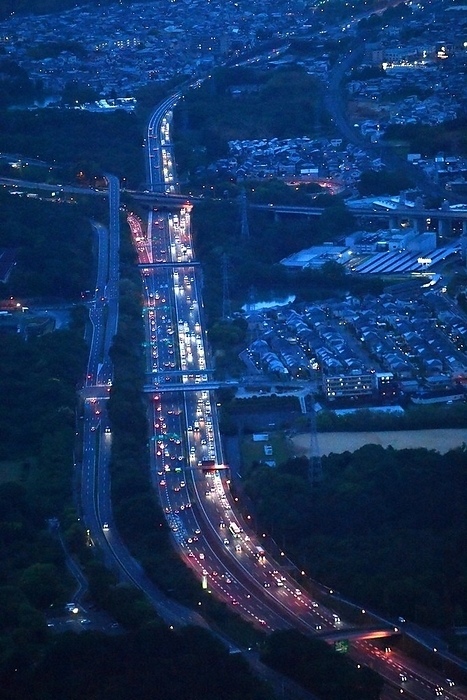 2023 Golden Week The Meishin Expressway off ramp is congested with the U turn rush, photographed by Takao Kitamura from the head office helicopter at 6:46 p.m. on May 6, 2023 in Otsu City, Japan.