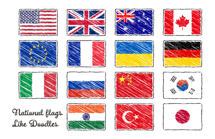 Set of hand-drawn illustrations of flags of various countries, as if drawn by graffiti.