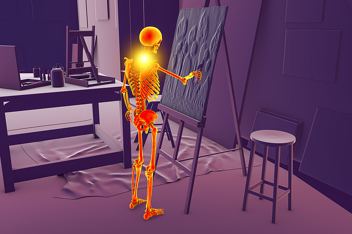 Artist with neck pain, illustration Illustration of a human skeleton painting on canvas in a studio while experiencing neck pain, highlighting the musculoskeletal disorders that can affect artists., by KATERYNA KON SCIENCE PHOTO LIBRARY