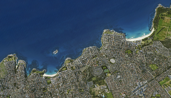 Sydney coast, Australia, satellite image Satellite image of part of the coast of Sydney, New South Wales, Australia, showing Maroubra  right  and Coogee  left  beaches. Image obtained by the Pleiades Neo satellite., by AIRBUS DEFENCE AND SPACE   SCIENCE PHOTO LIBRARY