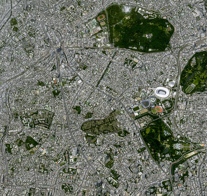 Tokyo, Japan, satellite image Satellite image of Tokyo, Japan. At right is the Japan National Stadium  white oval . It was used for the opening and closing ceremonies and athletics events of the Tokyo 2020 Summer Olympics. Due to the Covid 19 pandemic the 2020 Olympic Games were postponed until the summer of 2021. Image obtained by the Pleiades Neo satellite., by AIRBUS DEFENCE AND SPACE   SCIENCE PHOTO LIBRARY