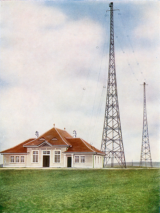 Marconi Berne Radio Station The new Berne Radio Station in Switzerland, c 1925. The towering longwave band transmitter masts were 300 feet  92 metres  high and self supporting and carried the main aerial system, the transmitter had an output of 1.2kW. Initially, Marconi s Wireless Telegraph Co. Ltd established communication stations in Berne, Paris and Madrid to provide European and international wireless telegraph services. Commencing in 1922, telegrams were transmitted and received in Morse code around 100 words a minute., by SHEILA TERRY SCIENCE PHOTO LIBRARY
