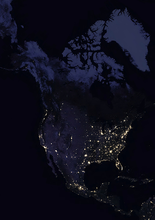North America at night, satellite image Colour satellite image of North America at night. This image in Lambert Conformal Conic projection was compiled from data acquired in 2016 by Landsat satellites., by PLANETOBSERVER SCIENCE PHOTO LIBRARY