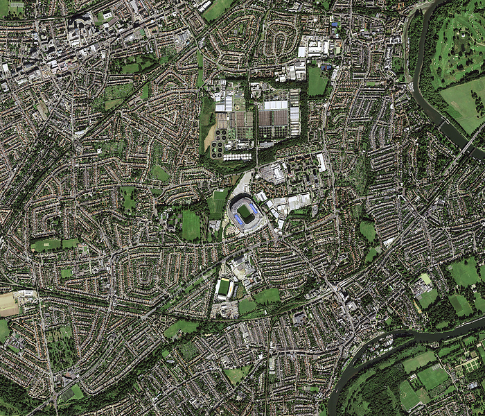 Twickenham, London, England, UK, satellite image Satellite image of Twickenham, London, UK. At centre is Twickenham Stadium. Image obtained by the Pleiades Neo satellite., by AIRBUS DEFENCE AND SPACE   SCIENCE PHOTO LIBRARY
