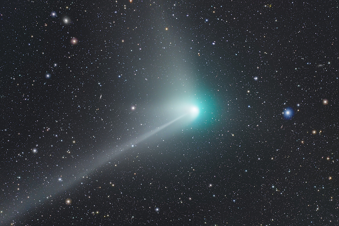 Comet 2022 E3  ZTF  Comet C 2022 E3  ZTF  as it passed the Earth on the 31st January 2023. Discovered on the 2nd March 2022, C 2022 E3  ZTF  is a long period comet originating from the Oort cloud, which is approximately 149 billion kilometres away from our Sun. The comet gets its characteristic green glow from the ejection of diatomic carbon and cyanogen from its nucleus to the coma  atmosphere  as it is heated by the Sun. The comet possesses an ion tail  lower left , which occurs as a result of gas ionised by ultraviolet radiation, causing it to glow. Along with its ion tail, the comet possesses an anti tail  upper centre , which is attributed to an optical illusion only observed for a brief interval when the Earth passes through the comet s orbital plane. Photographed from the Dark Sky Alqueva Observatory, Portugal., by MIGUEL CLARO SCIENCE PHOTO LIBRARY