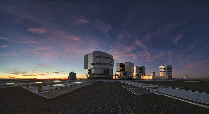 Paranal Observatory at dusk, Chile Paranal Observatory at dusk, Chile. The Paranal Observatory comprises of the four Very Large Telescopes  VLT  and two Auxiliary Telescopes as well as supporting buildings., by ESO PETR HORALEK SCIENCE PHOTO LIBRARY