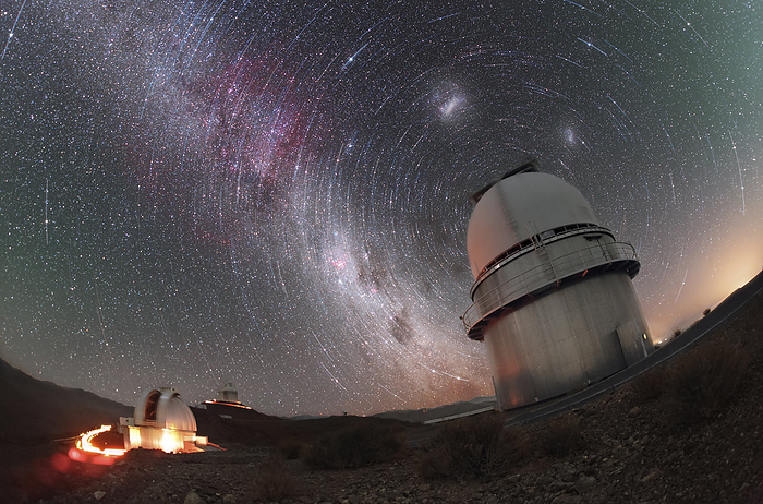 Star trails above La Silla Observatory, Chile Star trails above La Silla Observatory, Chile. This long exposure photograph shows the MPG ESO 2.2 metre telescope on the left, ESO s 3.6 metre telescope in the distance behind it, and the Danish 1.54 metre telescope on the right., by ESO PETR HORALEK SCIENCE PHOTO LIBRARY