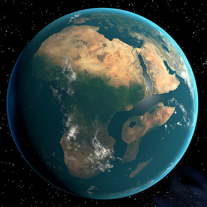 Africa after splitting of the African tectonic plate, illustration Illustration of Earth with part of eastern Africa separated from the rest of the continent after the split of the African tectonic plate into two new plates, the Nubian and Somalian plates. The Gulf of Aden and the Red Sea have flooded the East African Rift Valley, forming a new ocean. This is one possible outcome of the movement of the plates. The process would take around 50 million years to complete., by KARSTEN SCHNEIDER SCIENCE PHOTO LIBRARY