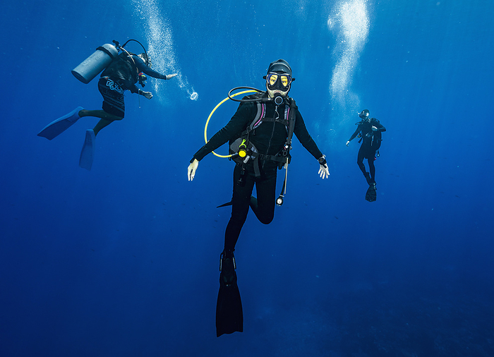 diver floating in the Banda Sea during mandatory safety stop