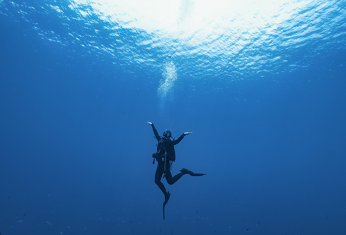 diver floating at Banda Sea during mandatory safety stop