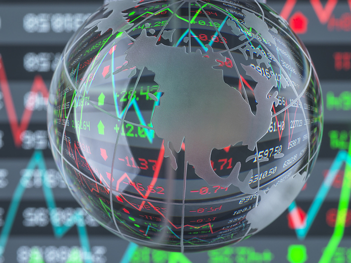 Reflection of financial numbers and graph on glass globe