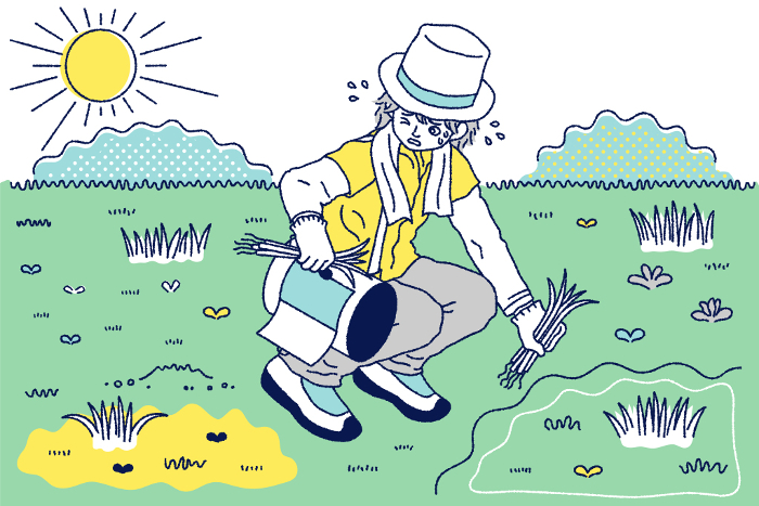 Color illustration of a man weeding in strong sunlight.