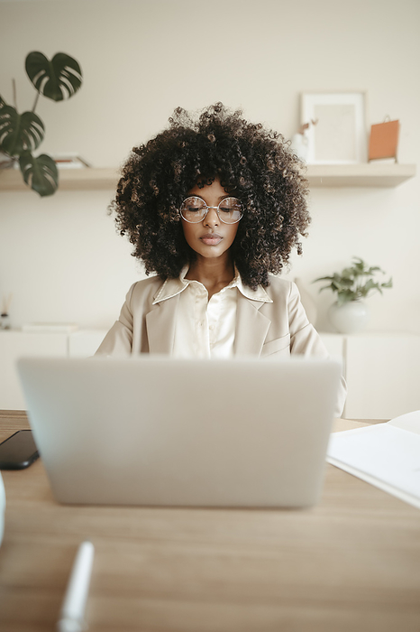 Businesswoman wearing eyeglasses using laptop in office