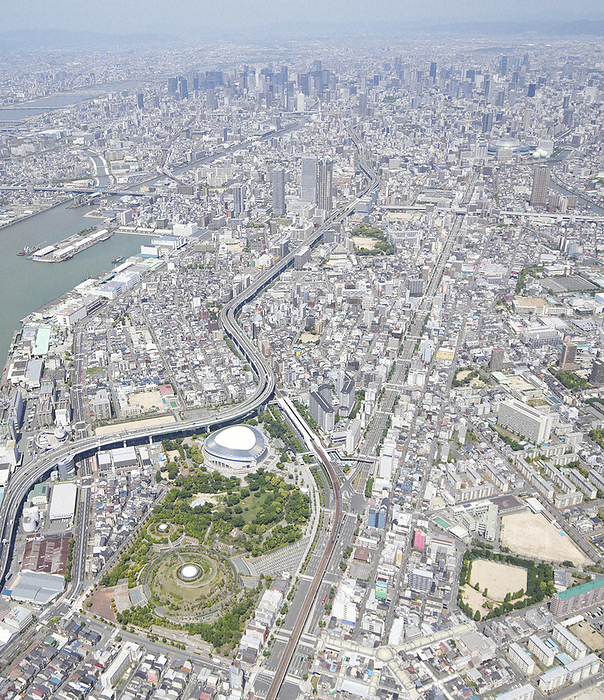 Hachimanya Park in Osaka City Hachimanya Park in Osaka City  foreground left . In the back are buildings in the direction of Umeda in Minato Ward, Osaka City, on May 9, 2023, from the head office helicopter.