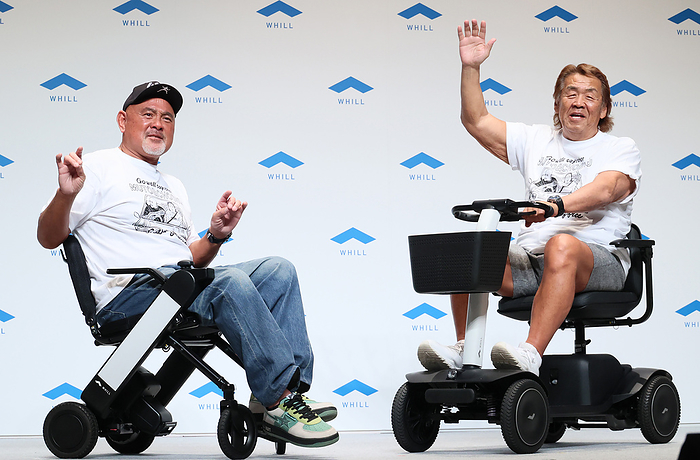 Former professional wrestlers Muto Keiji and Choshu Riki attend a promotional event of personal mobility Whill May 11, 2023, Tokyo, Japan   Former professional wrestlers Muto Keiji  L  and Choshu Riki  R  ride personal mobilities  Whill model F   L  and  Whill model S   R  as they attend a promotional event of personal mobility Whill in Tokyo on Thursday, May 11, 2023. Personal mobility company Whill announced to agree dealership with 100 car dealers across Japan to provide service and maintenance for the mobility.      photo by Yoshio Tsunoda AFLO 