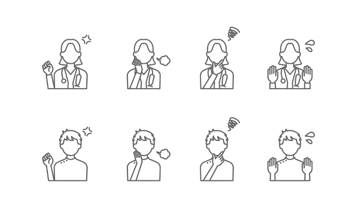 Illustration of a doctor and nurse with negative emotions. Simple line drawing icon set.