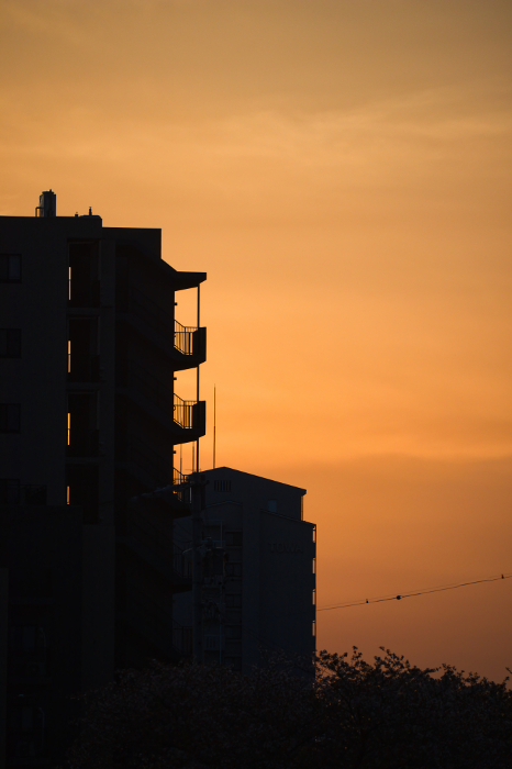 Yellow hazy sky at sunset and silhouettes of buildings